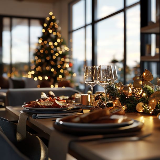 Festlich gedeckte Tafel für eine Weihnachtsfeier, Quovadis Catering